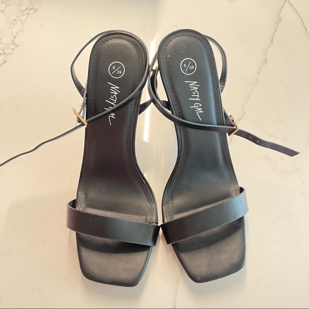 Black open toe strap heels